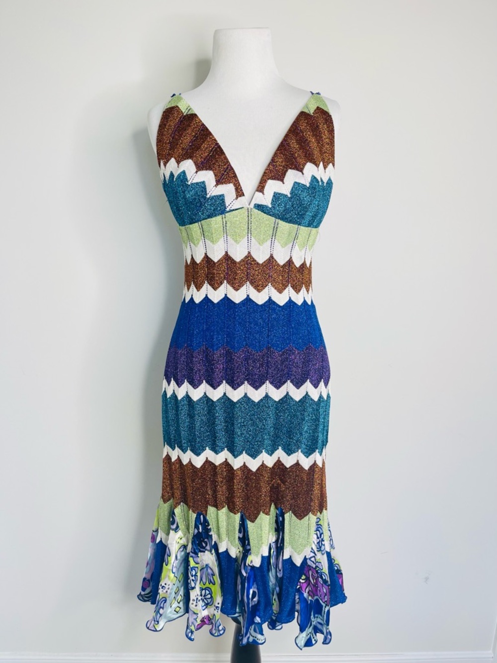 Mary.L Couture Vintage Y2K chevron lurex fairy asymmetrical hem silk trim dress